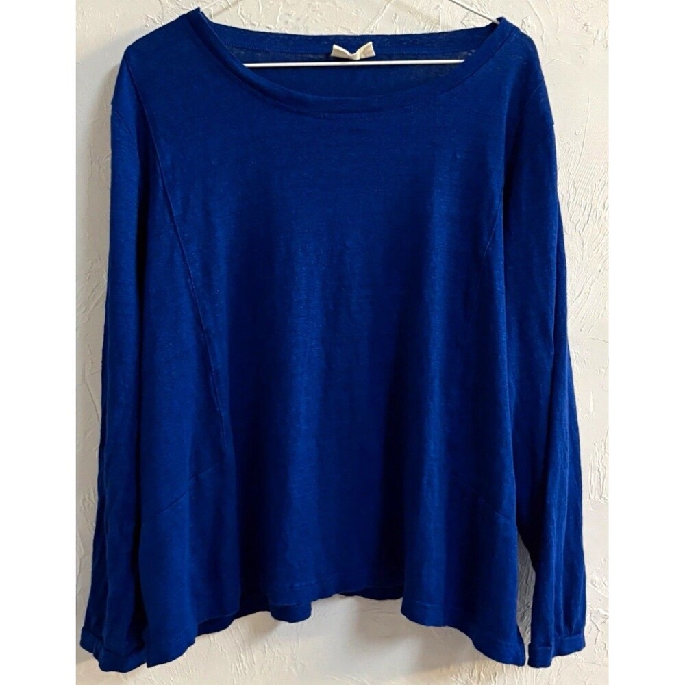 Poetry Women’s Top 16 Blue Solid Linen Scoop Neck Long Sleeve Pullover